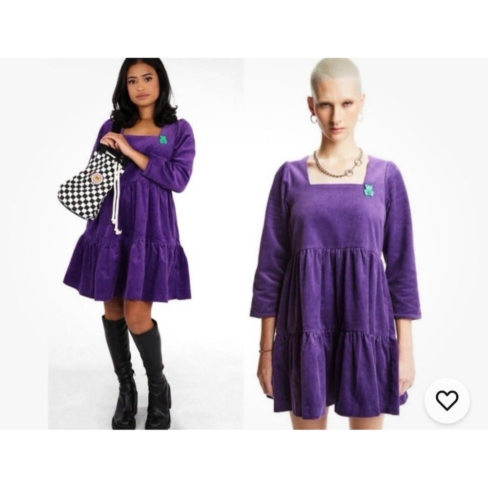 Teddy Fresh purple corduroy tiered long sleeve mini dress XS
